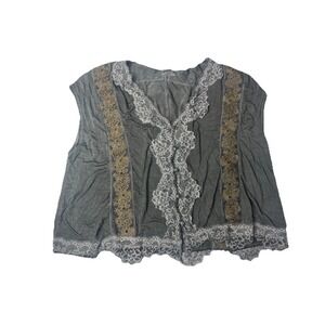 POL Sleeveless Embroidered Top Blouse Gray Size Med Boho Buttons Lace